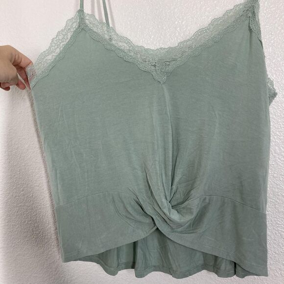 Y2K American Eagle Soft & Sexy Cami Tank Top Medium Green Lace Trim Twist Hem - Picture 3 of 13